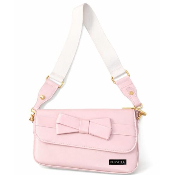 PURSELLA Baby Pink Bow Accent Shoulder Bag with Wide Strap