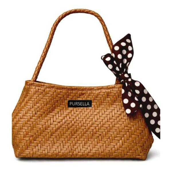 PURSELLA Brown Woven Luxe Shoulder Bag with Chocolate Polka Bow — Tan