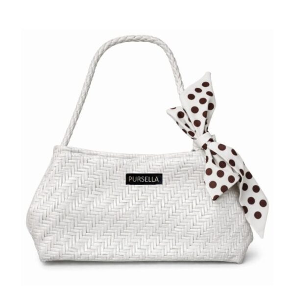PURSELLA White Woven Luxe Shoulder Bag with White Polka Bow — Tan