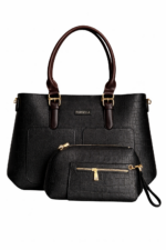 PURSELLA Croco Luxe 3-Piece Handbag Set – Black - Image 2