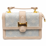 Elegant Jacquard Pattern Shoulder Bag with Gold Lock Detail – Beige & Ivory
